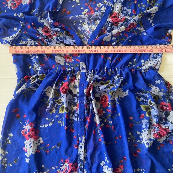 Torrid 2X Lexie Top Blue Floral Chiffon Babydoll Tunic Sheer Blouse Hi Low Z - Picture 8 of 10